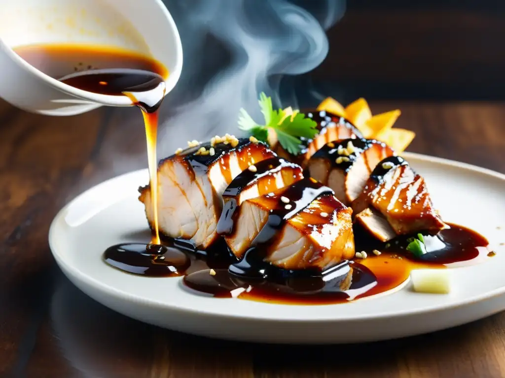 Salsas asiáticas transforman platos occidentales: salsa japonesa drizzled sobre pollo teriyaki sizzling, creando una escena vibrante y tentadora