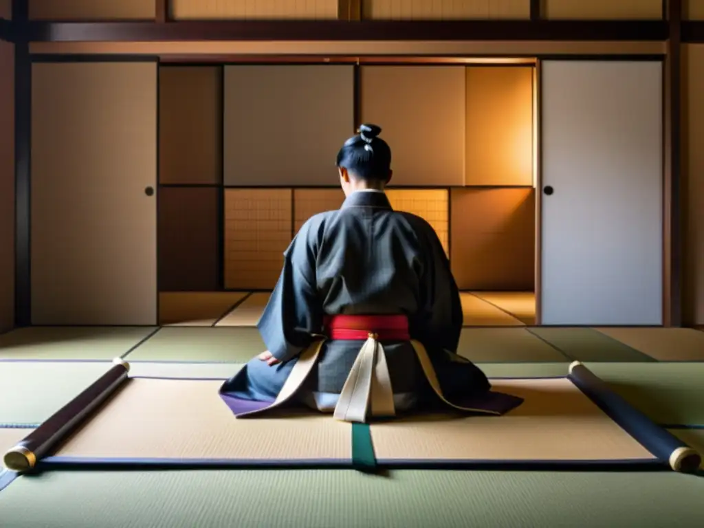 Un samurai se prepara para el acto final del Seppuku en el código del Samurai, en una habitación tradicional japonesa llena de solemnidad y reverencia