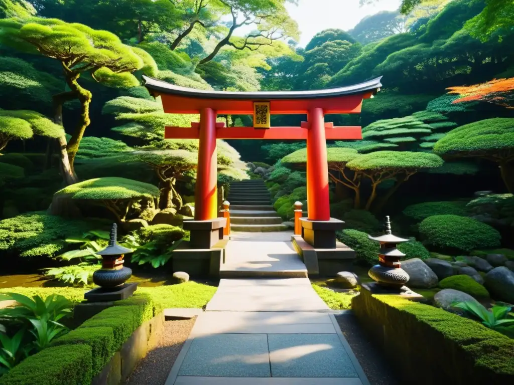 Un samurái en armadura tradicional se inclina frente a un torii de madera, con un templo japonés y un bosque exuberante al fondo