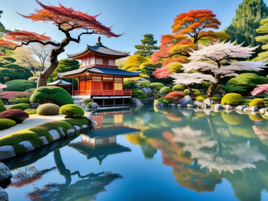 Un samurái practica artes marciales en un jardín japonés tranquilo, rodeado de árboles de cerezo en flor