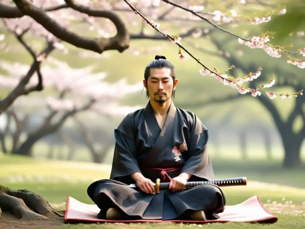 Un samurái en meditación bajo un cerezo en flor, sosteniendo su katana con reverencia