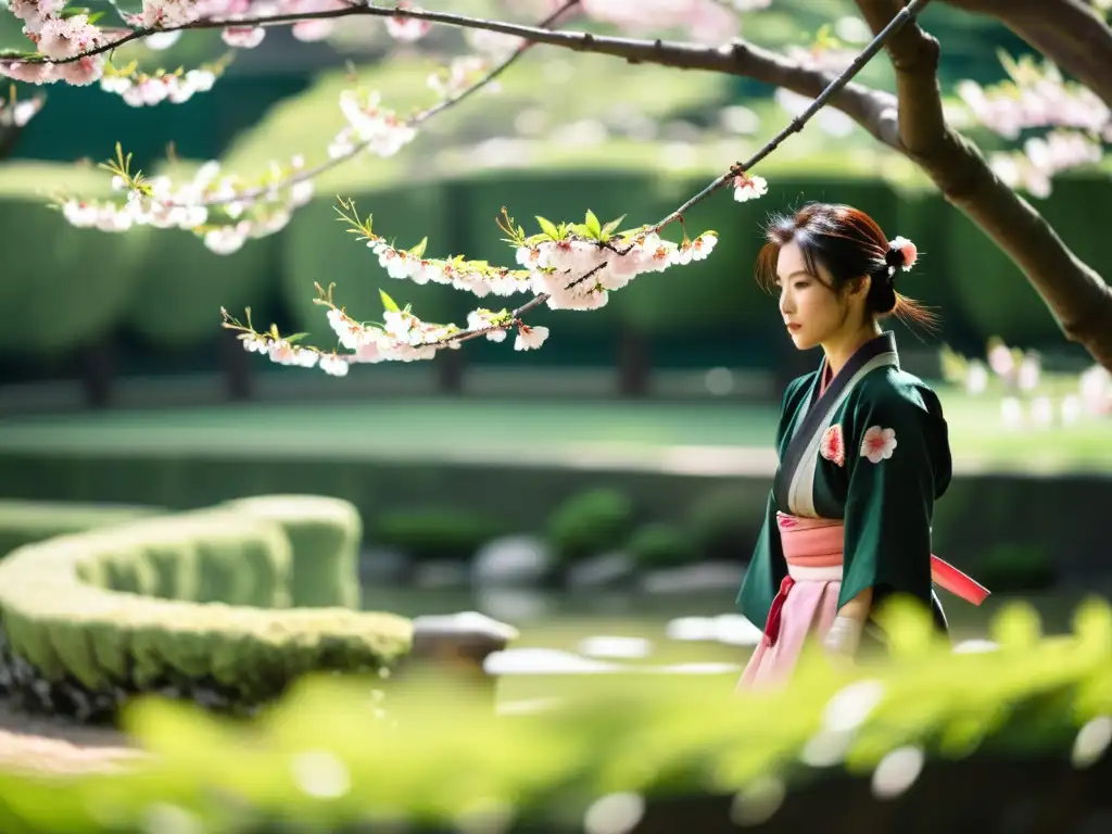 Un samurái rinde homenaje a un cerezo en flor, destacando la relación entre samuráis y naturaleza en un jardín japonés