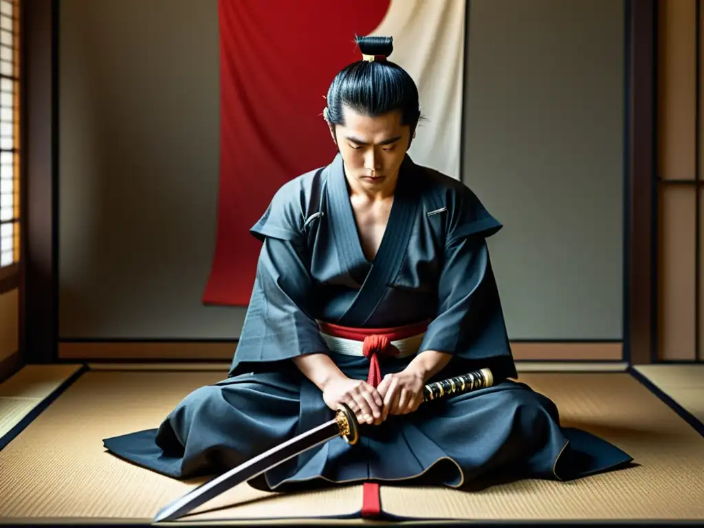 Un samurái japonés realiza el acto final del Seppuku con solemnidad, destacando la ceremonia y el código del Samurai