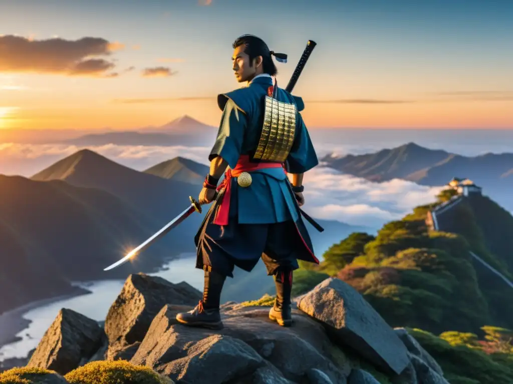 Un samurái japonés contempla el amanecer en la cima de un acantilado, empuñando una katana