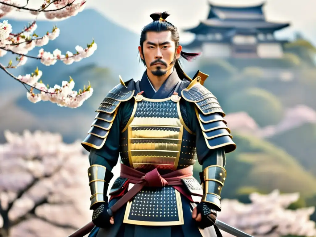 Un samurái japonés en armadura tradicional con un katana, rodeado de cerezos en flor y un castillo japonés al fondo