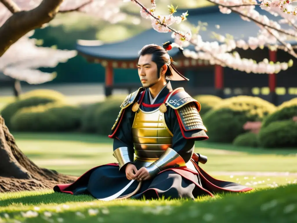 Un samurái japonés en armadura tradicional, arrodillado en un jardín sereno con cerezos en flor