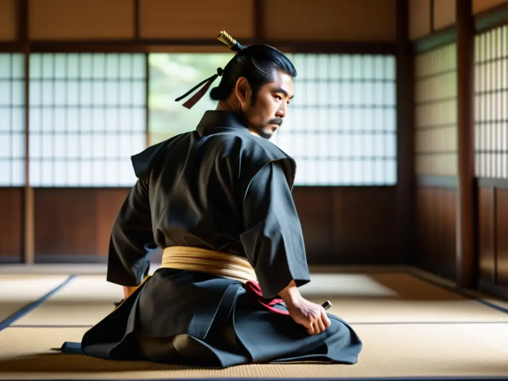 Un samurái japonés practica artes marciales con disciplina en un dojo sereno, enfocando su intenso entrenamiento en los principios del Bushido