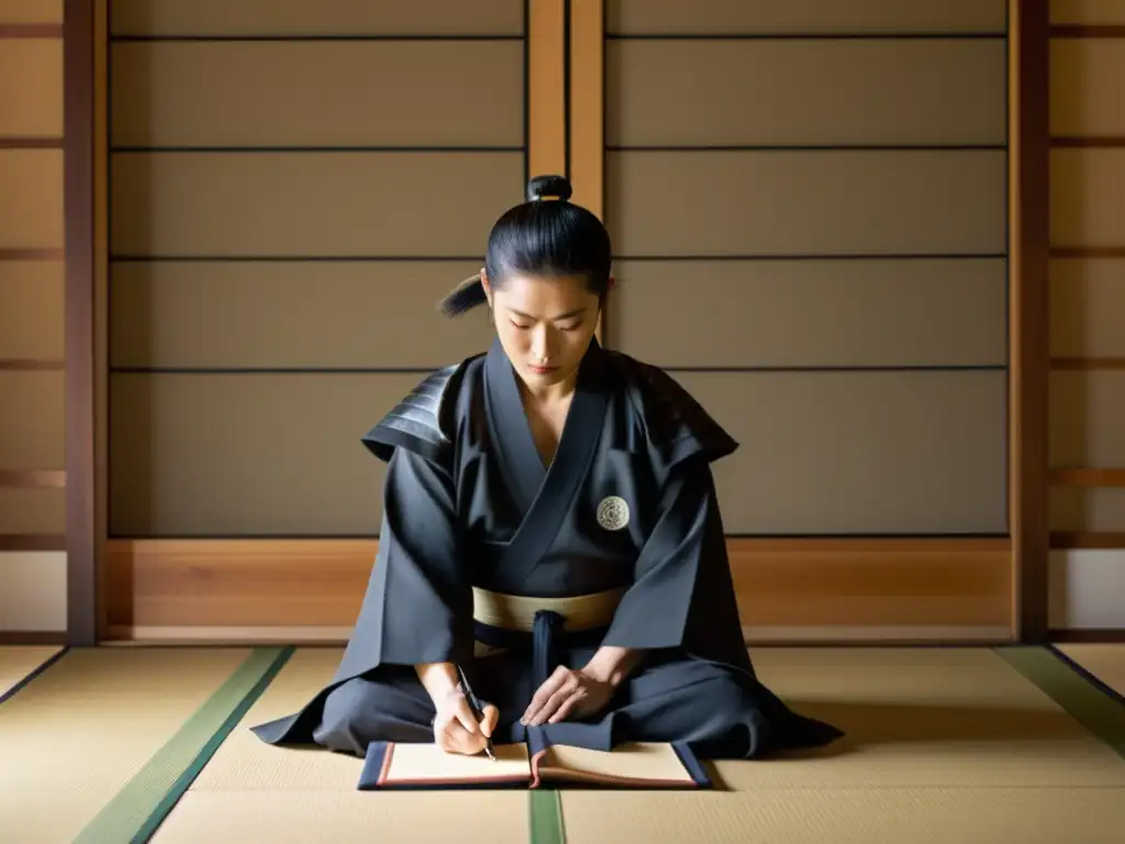 Un samurái japonés practica caligrafía, concentrado en escribir con precisión