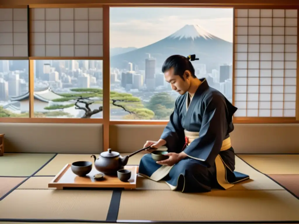 Un samurái japonés realiza una ceremonia del té en una habitación minimalista, con un fondo de la ciudad moderna