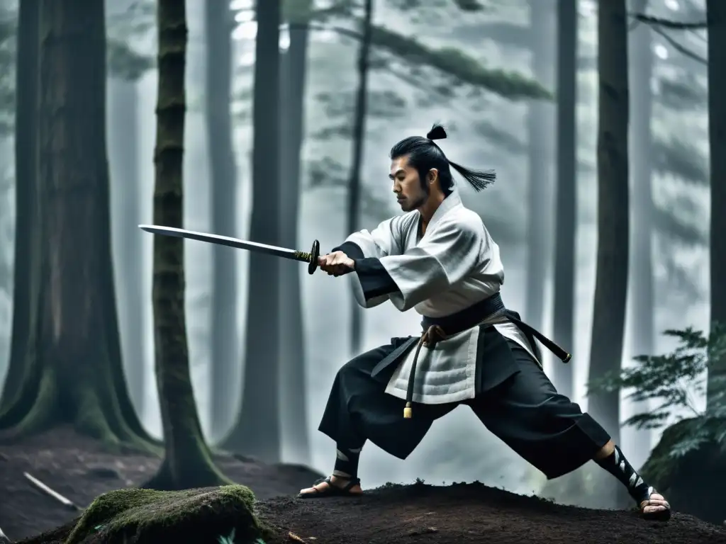 Un samurái japonés ejecuta una elegante kata de espada en un bosque neblinoso, personificando los valores del Bushido en Japón contemporáneo