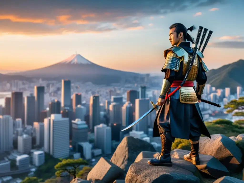 Un samurái japonés tradicional en armadura completa con katana en mano, observa la ciudad al atardecer