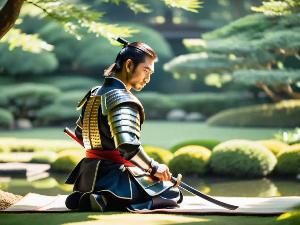 Un samurái japonés tradicional arrodillado en un jardín sereno, con armadura y sosteniendo una katana