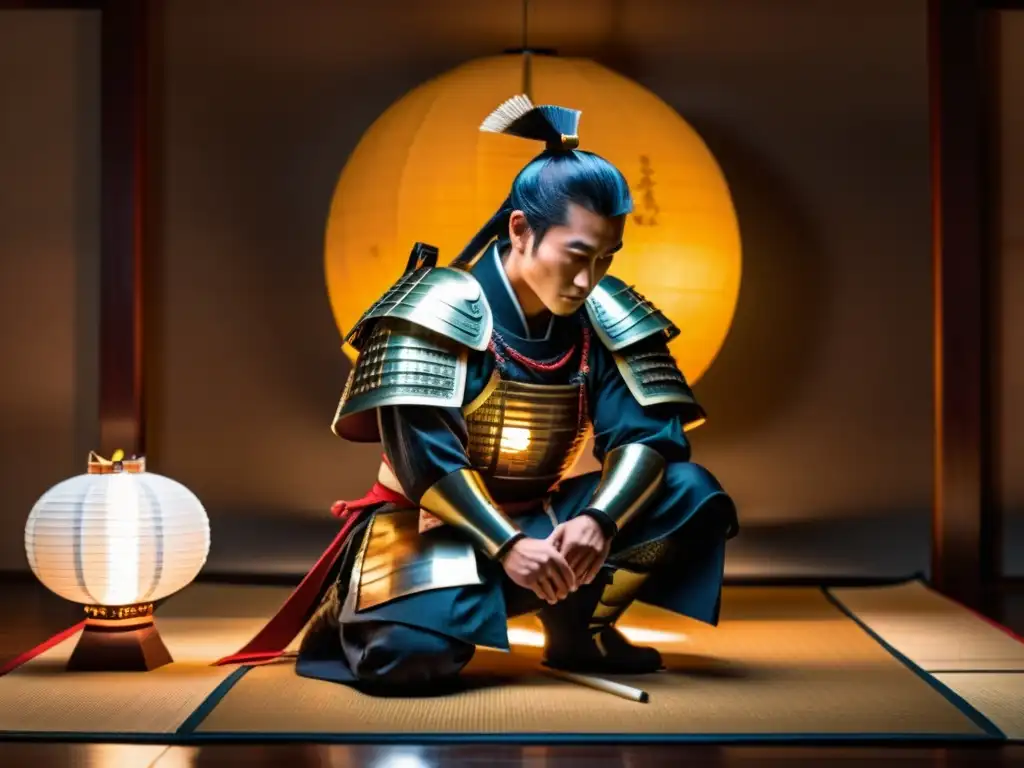 Un samurái japonés tradicional arrodillado en su armadura, sosteniendo una katana bajo la suave luz de una linterna de papel en un dojo atmosférico