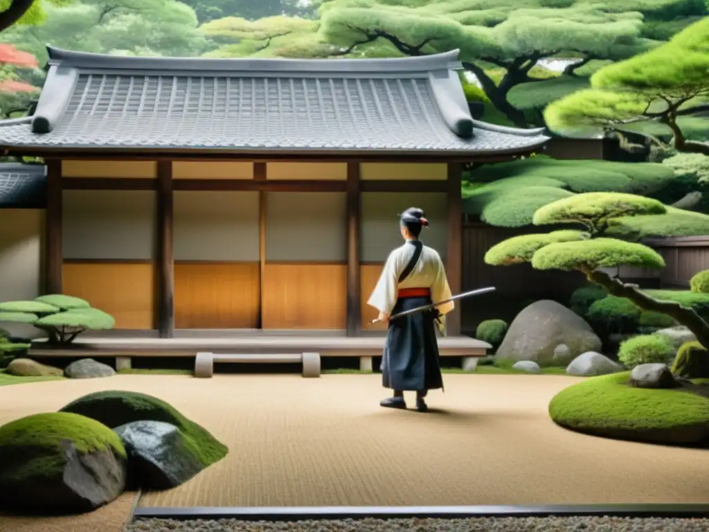 Un jardín japonés zen con un samurái meditativo bajo un cerezo en flor