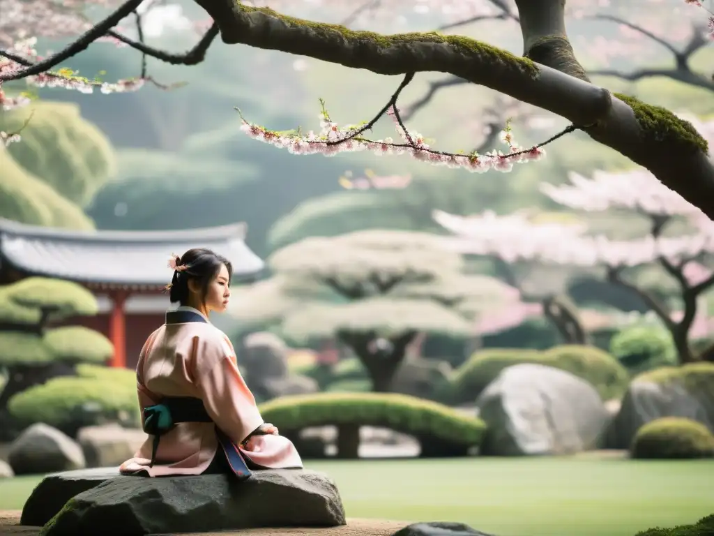 Un samurai contempla con reverencia la poesía de la belleza y brutalidad de la naturaleza en un jardín japonés, entre flores de cerezo en flor