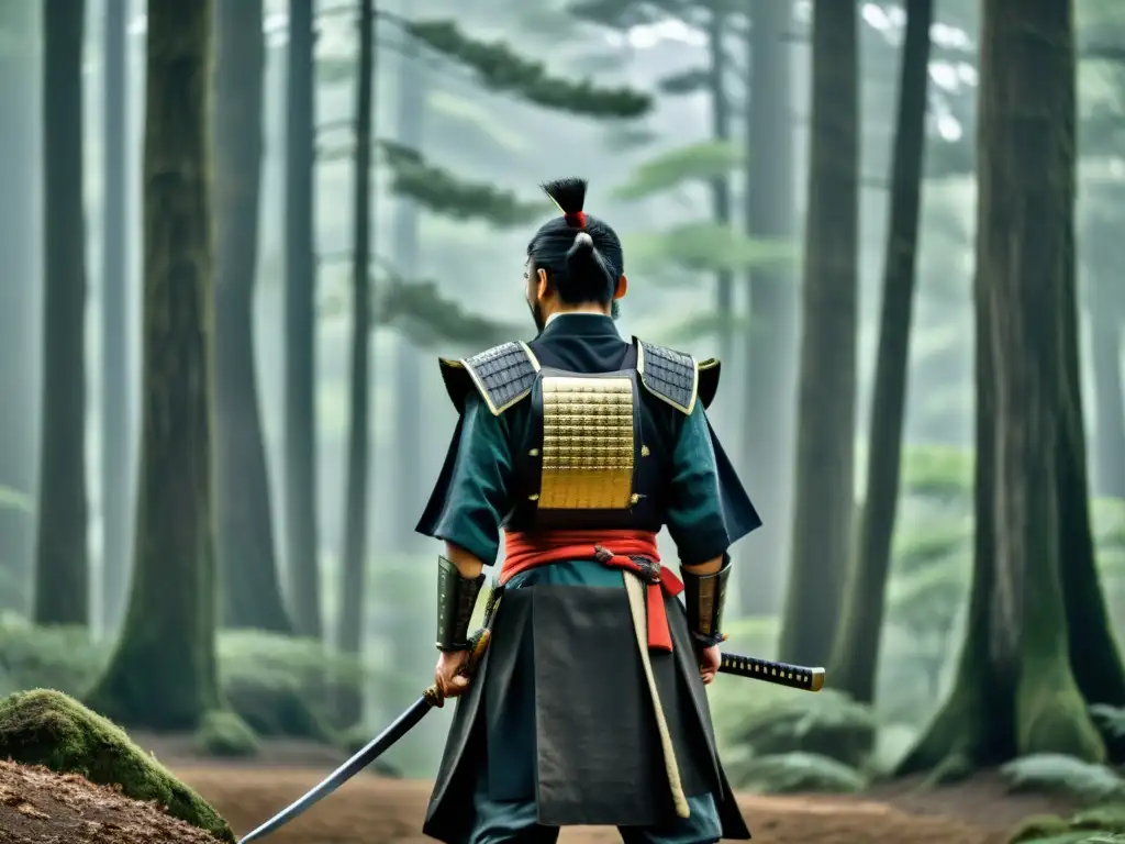 Un samurái solitario en un bosque japonés antiguo, con armadura tradicional y katana, reflejando la influencia del cine de samuráis