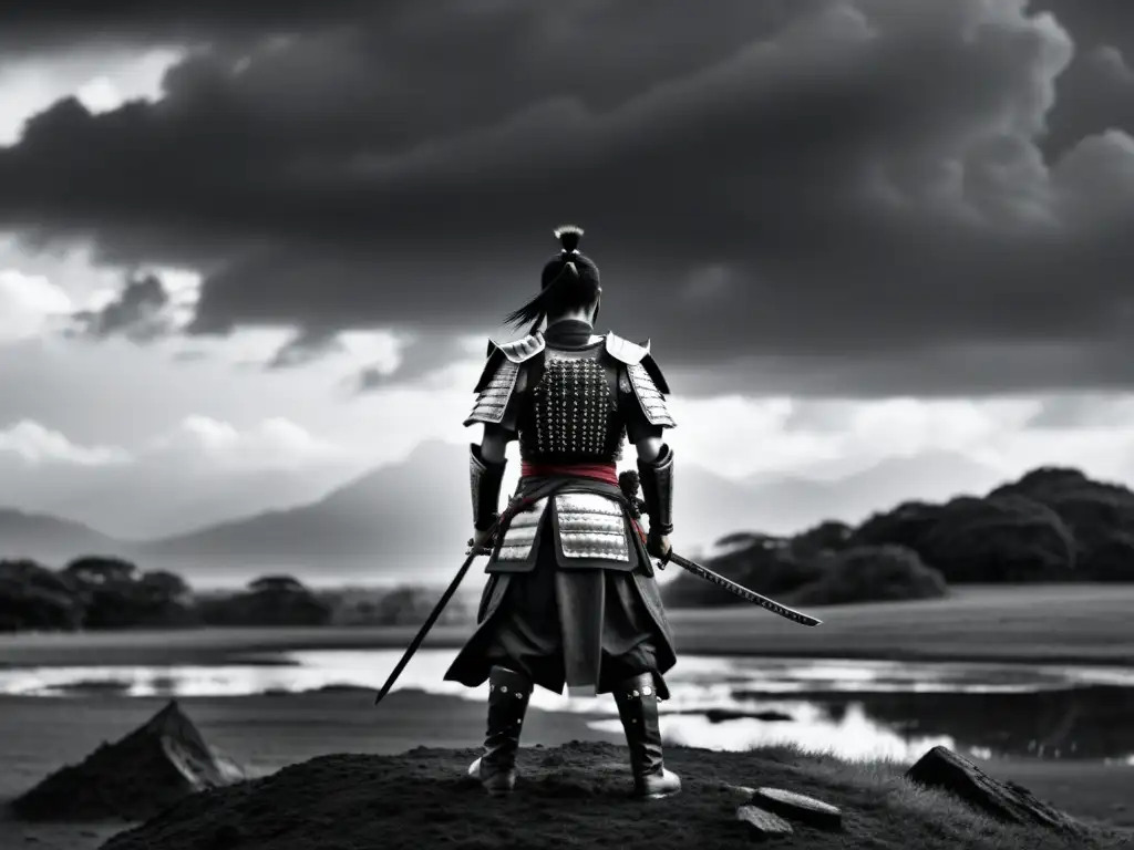 Samurái solitario en el campo de batalla: determinación y paz interior Un samurái solitario en un campo de batalla, reflejando espiritualidad mientras observa el horizonte entre nubes ominosas