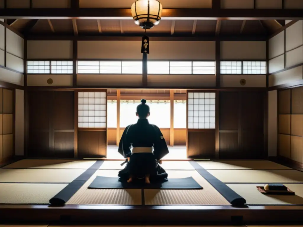 Un samurái solitario en un dojo tradicional japonés, rodeado de muñecos de entrenamiento