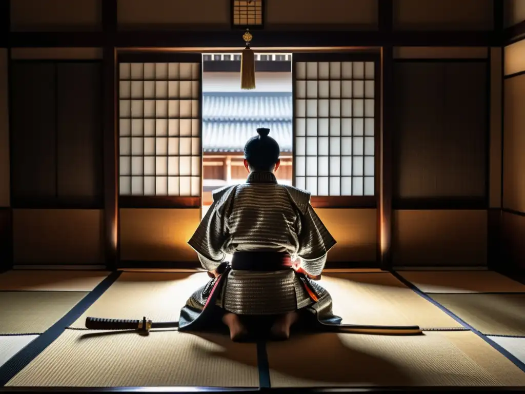 Un samurái solitario se arrodilla en una habitación tradicional japonesa, sosteniendo un brillante katana