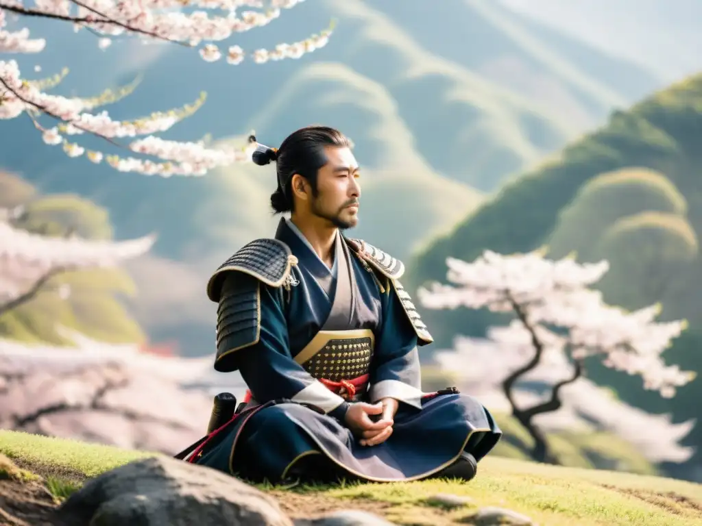 Serenidad samurái entre cerezos en flor Un samurái japonés tradicional medita en un campo de batalla, rodeado de árboles de cerezo en flor y un paisaje montañoso neblinoso