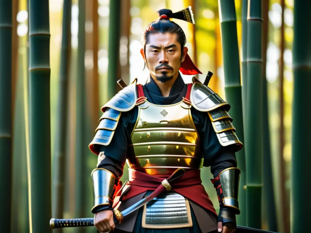 Un samurái tradicional en una serena selva de bambú, con el Código Bushido de Japón era, mostrando determinación con su katana