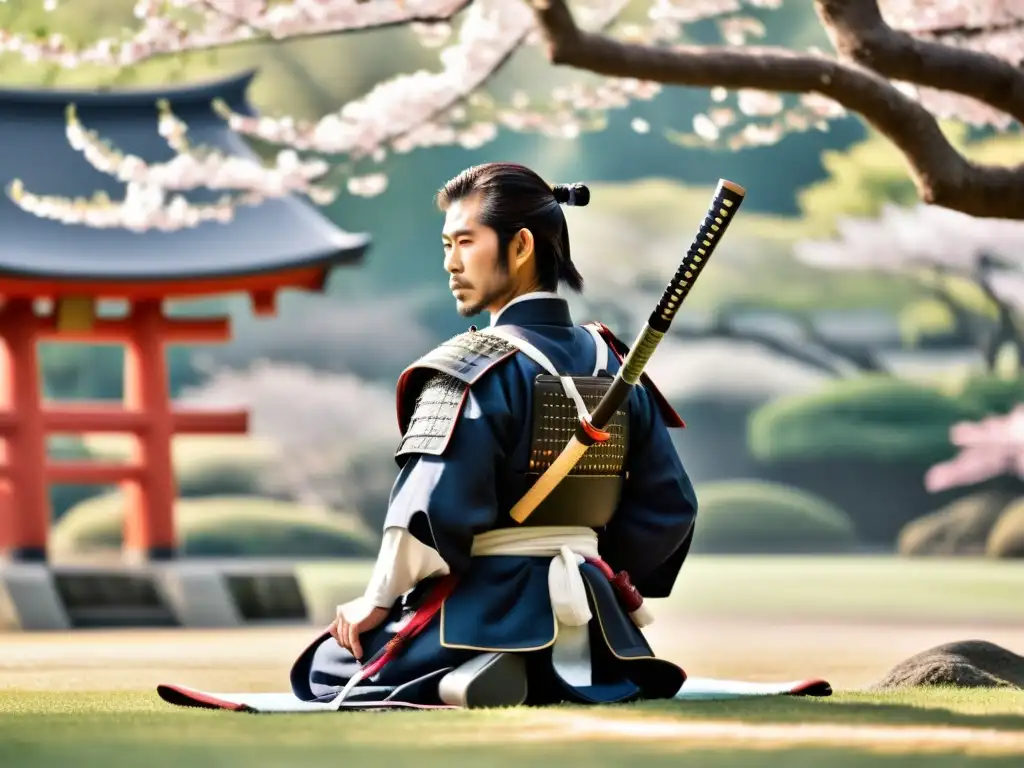 Un samurái japonés tradicional medita en un jardín sereno con árboles de cerezo en flor y un torii al fondo