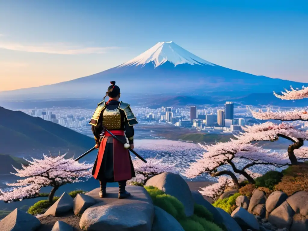 Un samurái japonés tradicional contempla un valle de cerezos en flor desde un acantilado rocoso, con el sol poniéndose detrás del monte Fuji