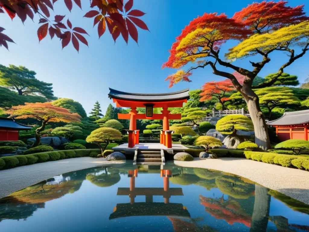 Invertir como samuráis en Japón: Jardín japonés tradicional con paisaje sereno y armonioso, torii de madera y árboles de arce rojo vibrante al fondo