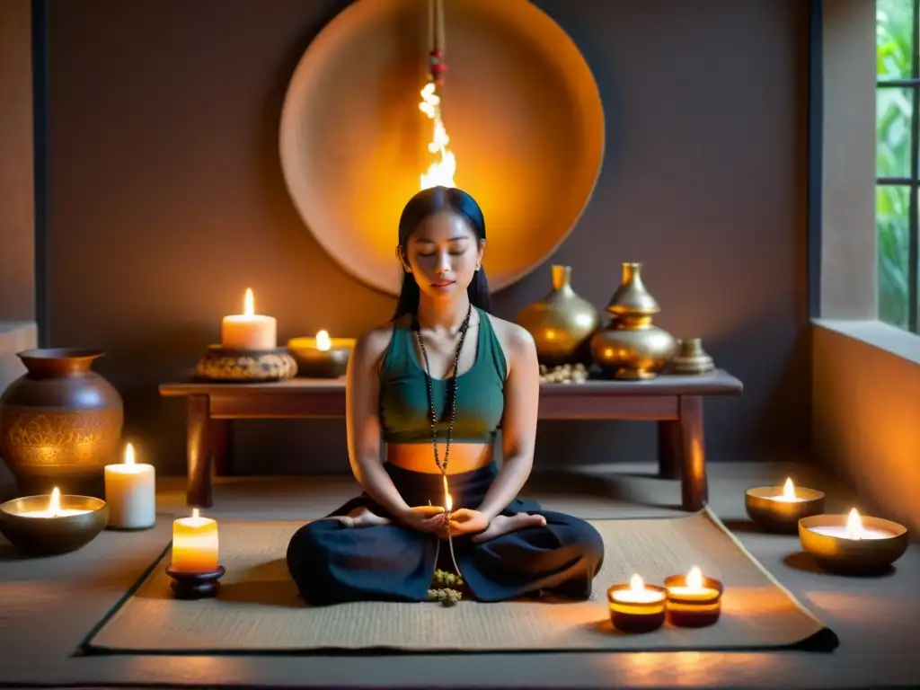 Un sanador asiático en meditación con mantras y oraciones en curación asiática, rodeado de velas y aromas de hierbas sanadoras