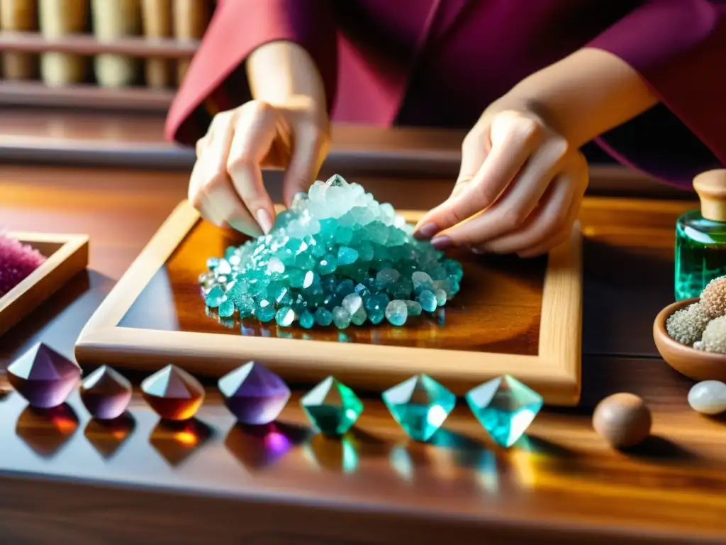 Un sanador asiático coloca minerales brillantes sobre una mesa de madera, transmitiendo el poder de los minerales en medicina asiática