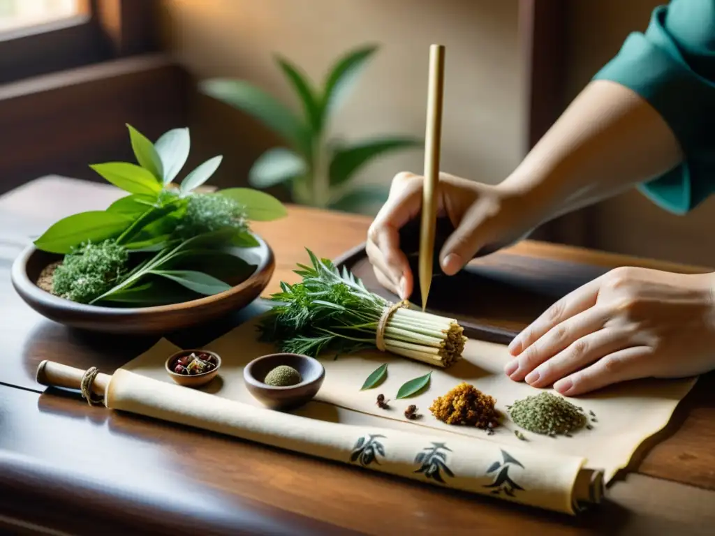 Un sanador de medicina china dispone hierbas y elementos naturales en una mesa de madera, rodeado de pergaminos antiguos y herramientas de curación