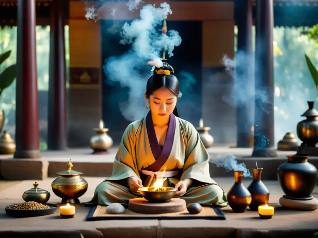 Un sanador de medicina tradicional asiática realiza un ritual espiritual en un templo, rodeado de incienso y hierbas medicinales, evocando energía espiritual