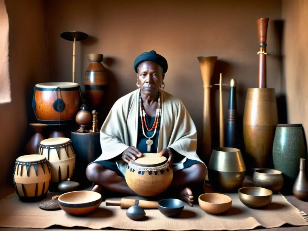 Un sanador tradicional rodeado de instrumentos musicales antiguos durante una sesión de sanación