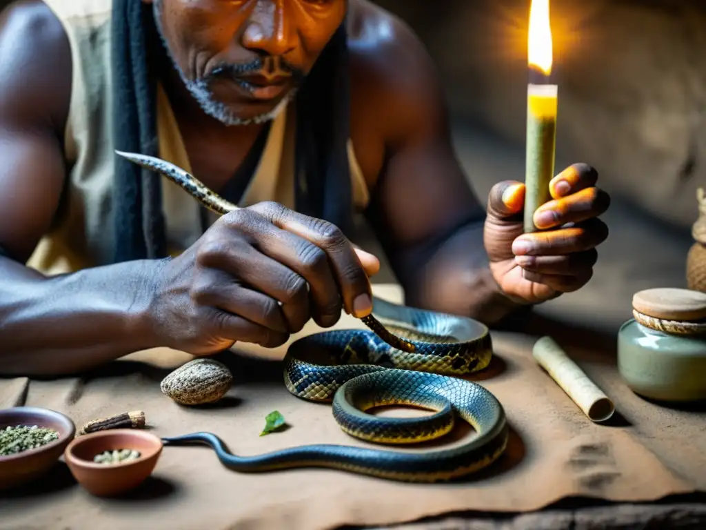 Un sanador tradicional en Asia extrayendo veneno de una serpiente, mostrando destreza en el uso de toxinas en Medicina Asiática