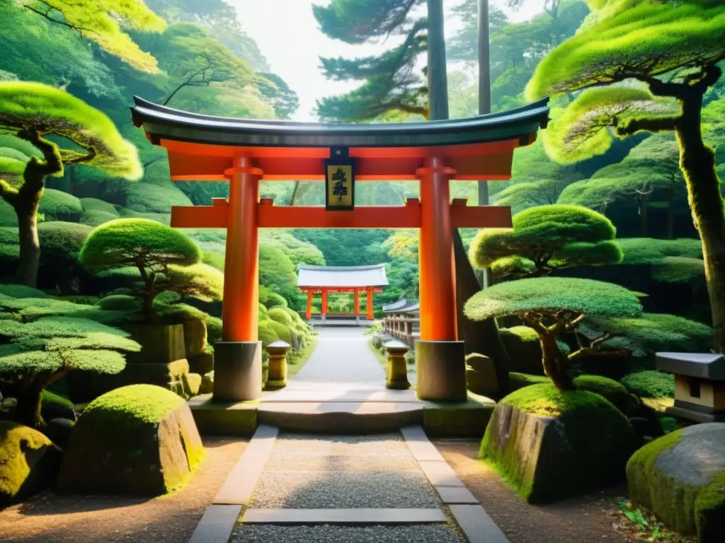 Un santuario sereno en un exuberante bosque japonés, reflejo de la filosofía Shinto y su conexión con la naturaleza