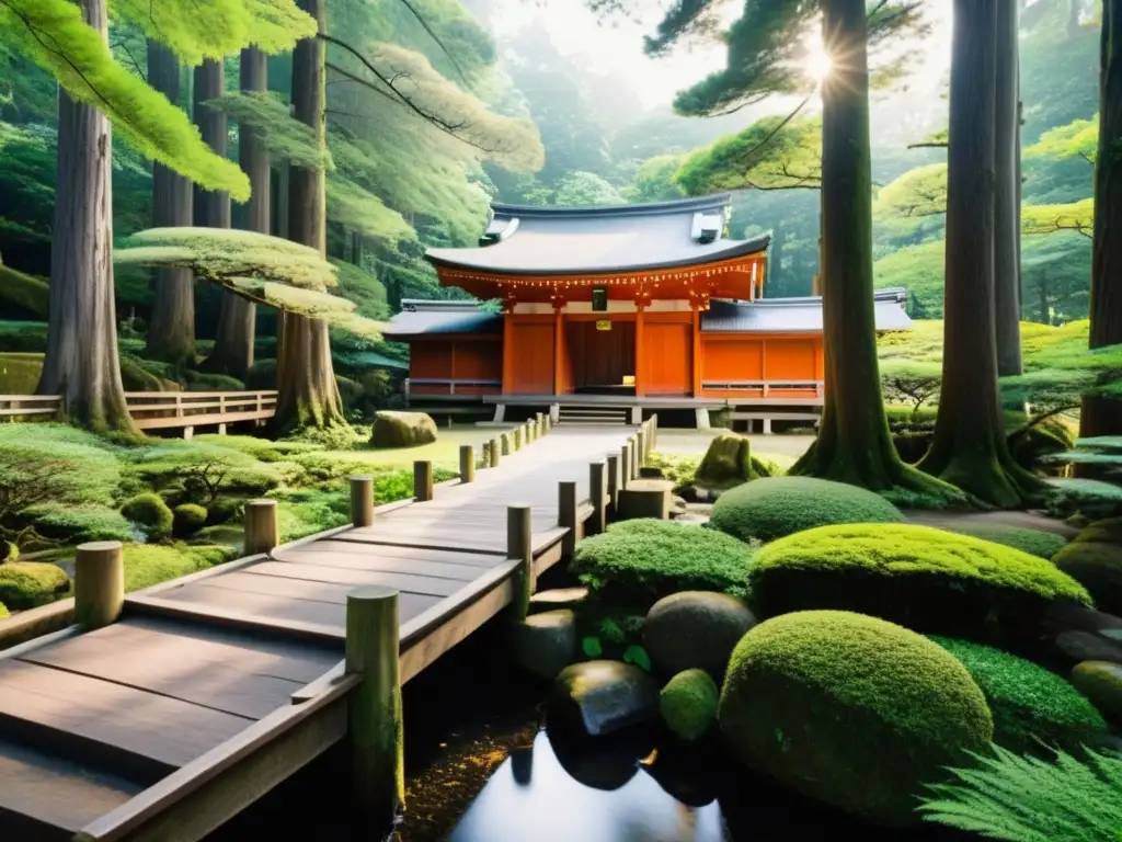 Un santuario Shinto en un bosque exuberante, fusionando lo sagrado y la naturaleza