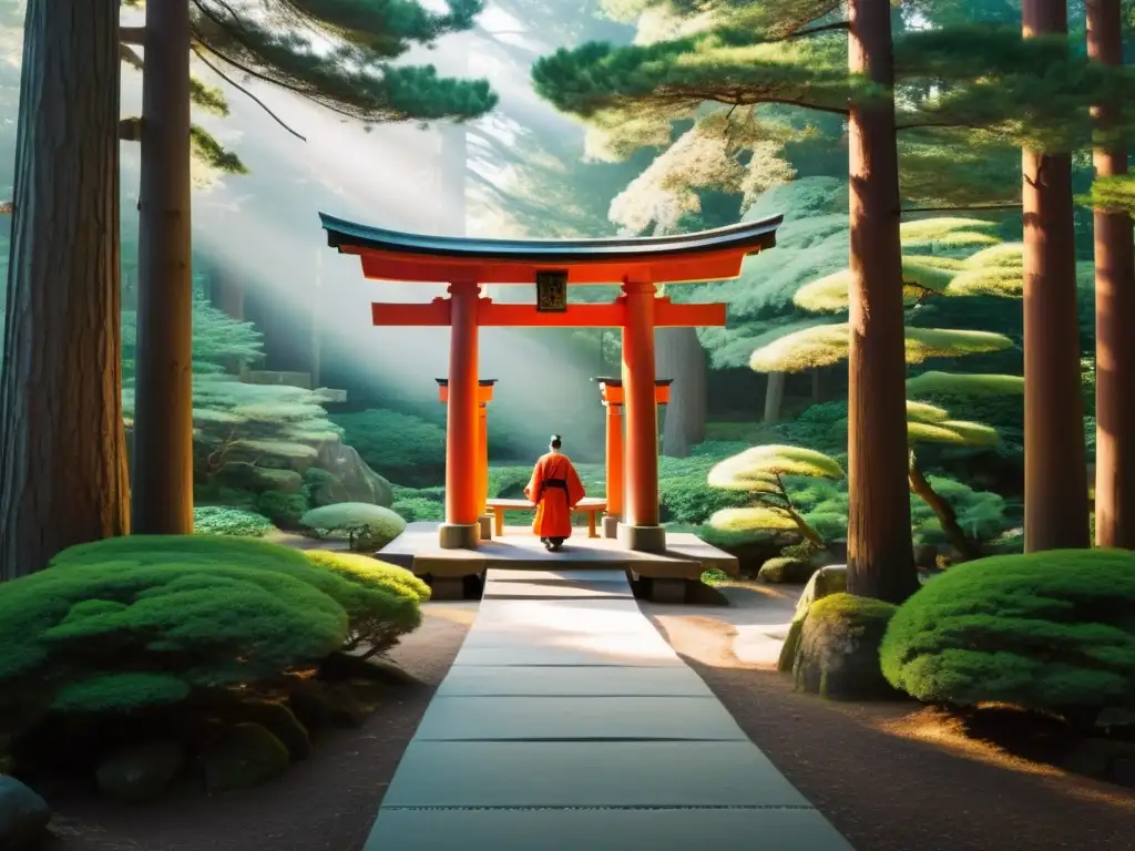 Un santuario shintoísta sereno y bañado por el sol entre altos cedros, con un torii rojo vibrante a la entrada