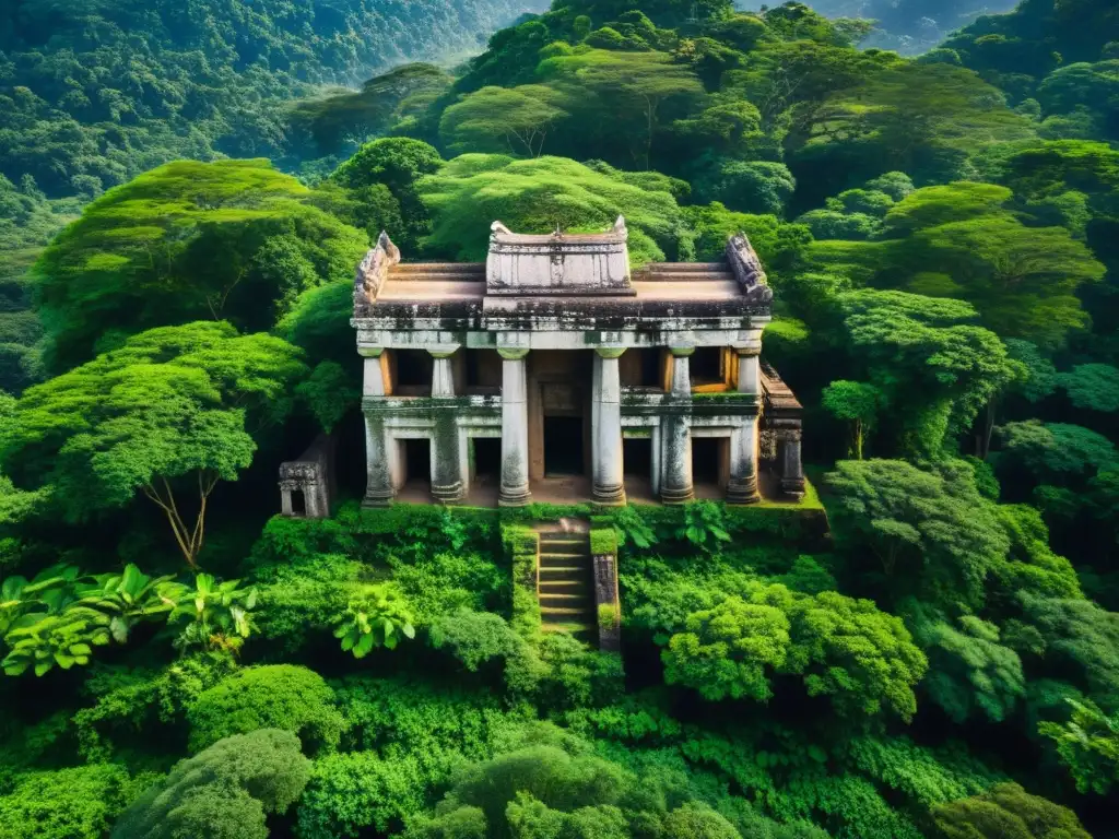 Ruinas ancestrales en la selva: misterio y naturaleza Santuarios olvidados de Asia: Vista aérea de un templo antiguo entre exuberante vegetación, evocando misterio y sabiduría ancestral