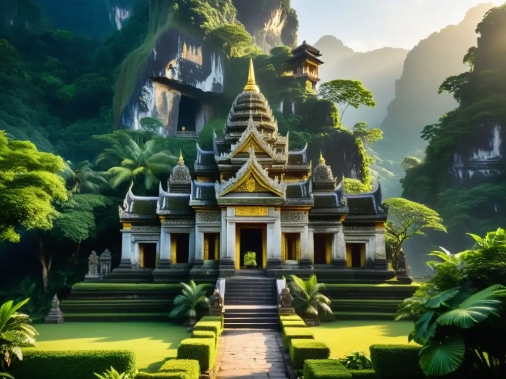 Templo antiguo envuelto en neblina en montañas exuberantes de Asia Santuarios olvidados de Asia: Antiguo templo en la selva, con estatuas y detalles tallados en piedra, bañado por la luz dorada entre la niebla