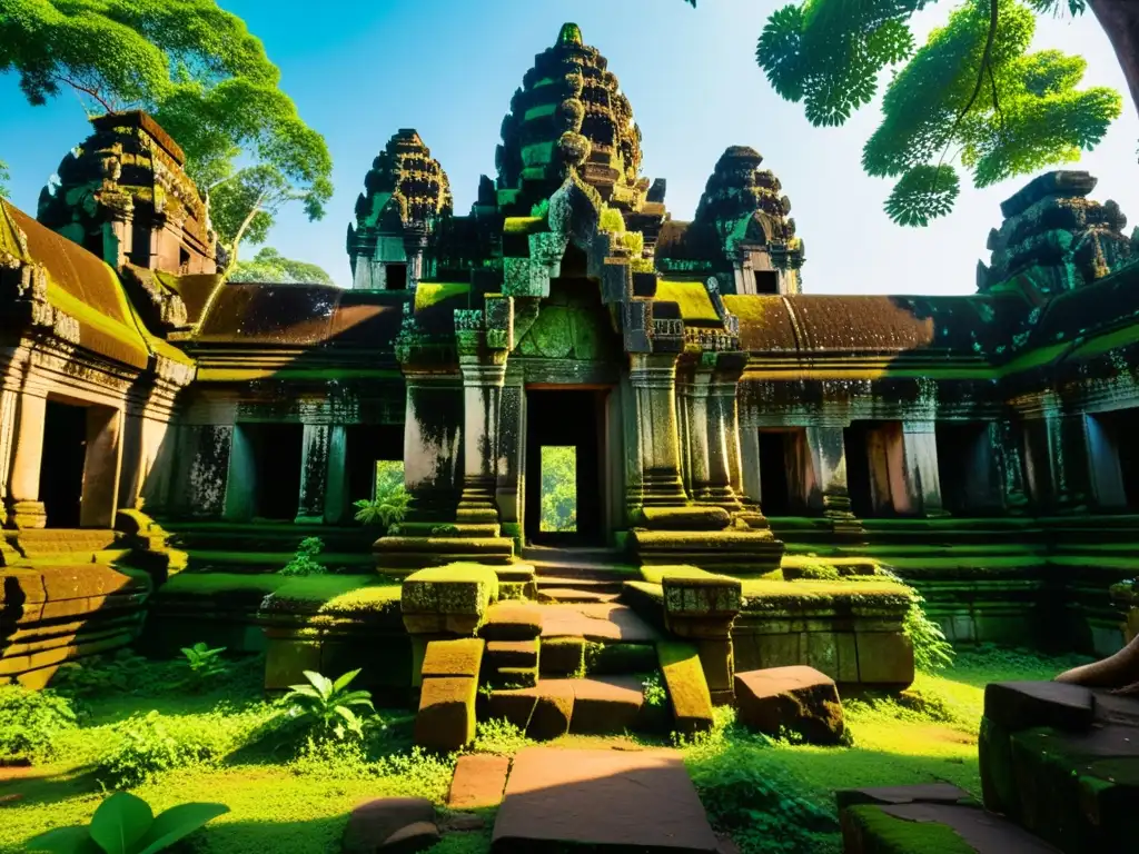 Ruinas ancestrales: templo cubierto por la jungla en Camboya Santuarios olvidados de Asia: Ruinas de templo cubiertas por la exuberante vegetación de la selva, con sombras y misterio bajo el cálido sol