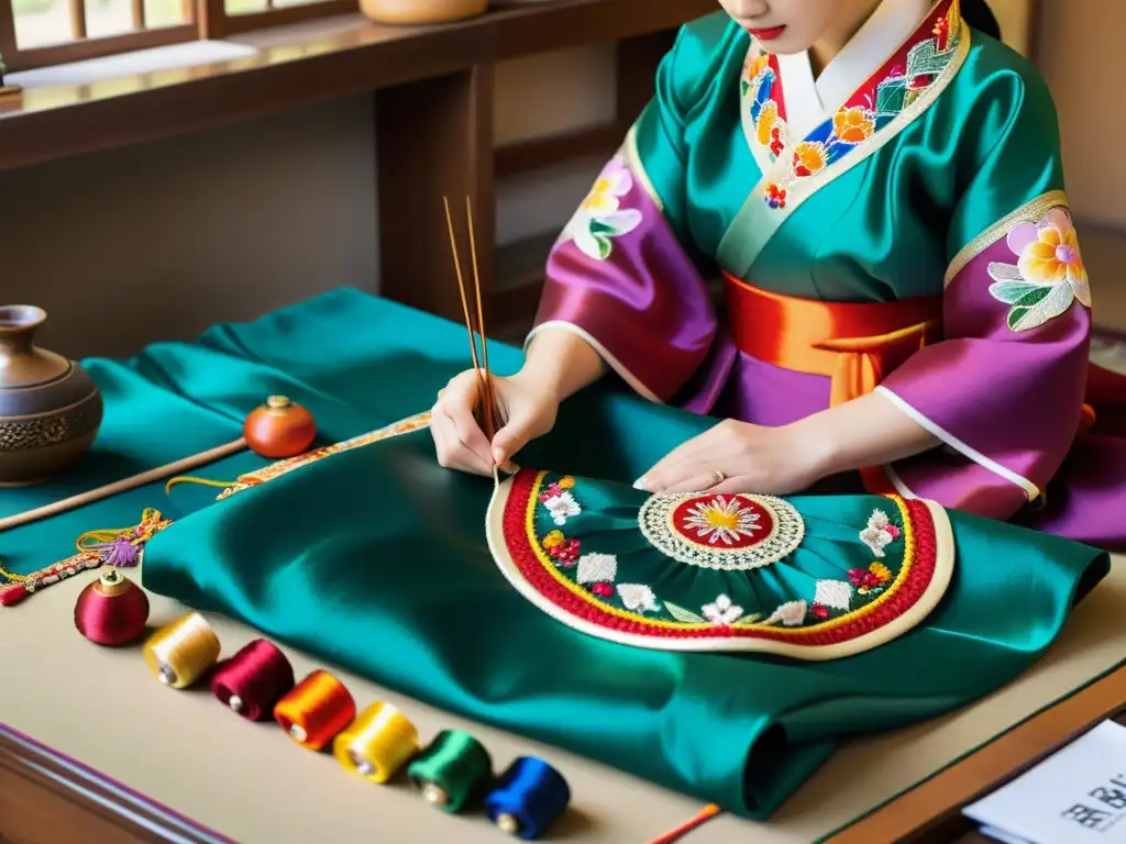 Un sastre coreano tradicional bordando un hanbok de seda rodeado de herramientas de costura y hilos de colores vibrantes