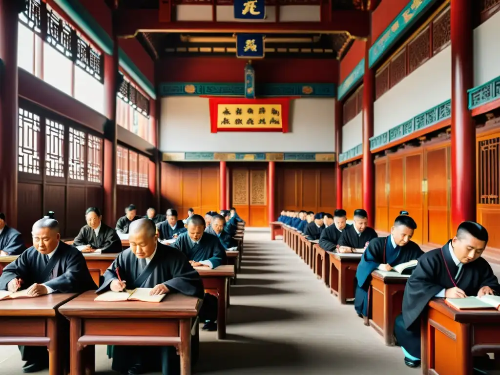 Scholars en Examen Imperial Antigua Burocracia China, sumergidos en estudio bajo la atenta mirada de los oficiales en un majestuoso salón de exámenes con arquitectura tradicional china