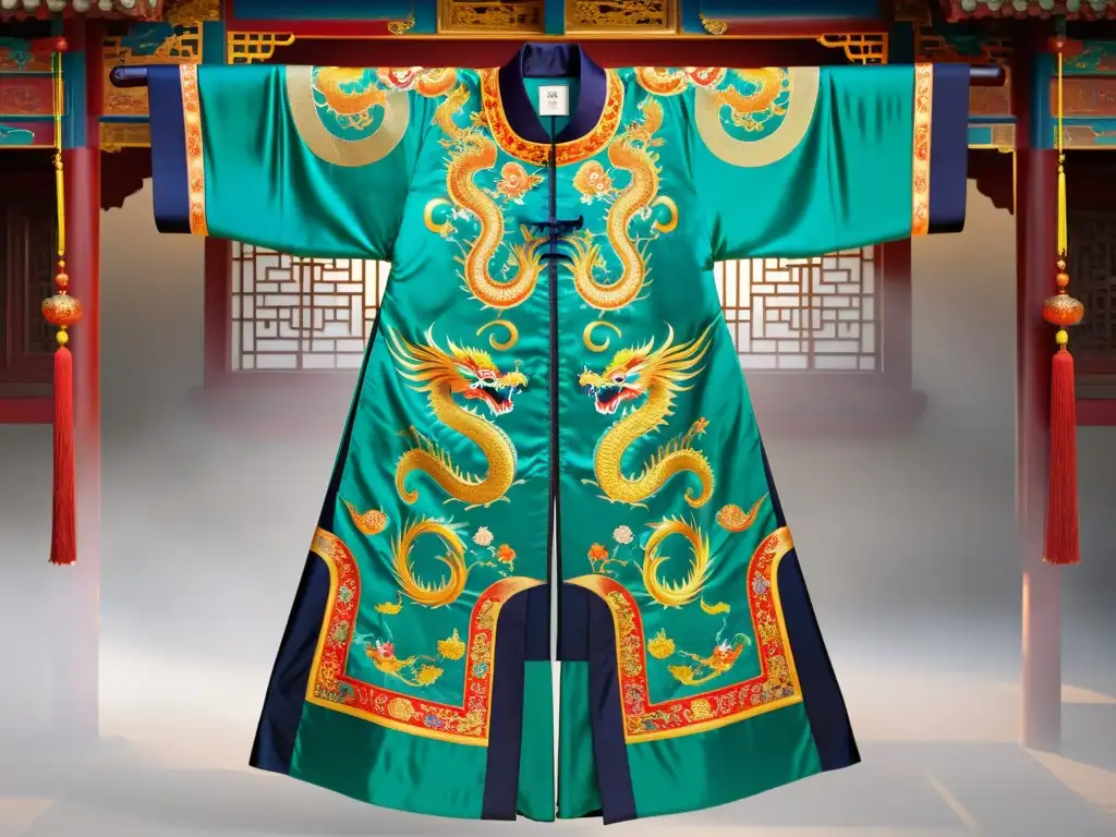 Robe de seda china del corte Qing con bordados de dragones y fénix