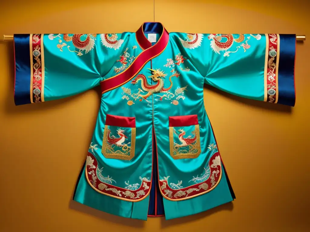 Robe de seda china del siglo Qing, con bordados de dragones y fénix en un museo