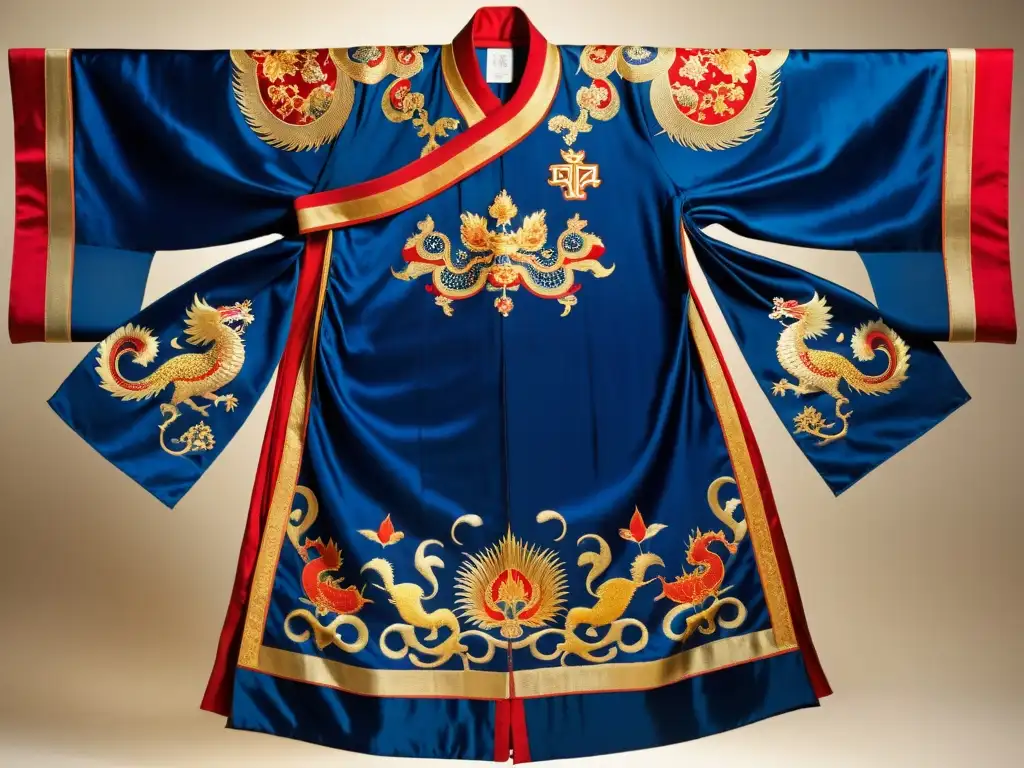 Robe de seda de la Dinastía Yuan, con bordados detallados de dragones y fénix en tonos vibrantes de azul, rojo y oro