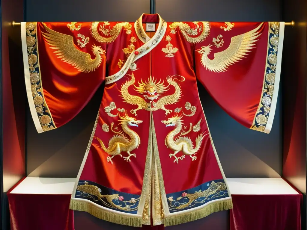 Robe de seda dorada con bordados de dragones y fénix, usada por emperatrices poderosas en la historia china, exhibida en un museo