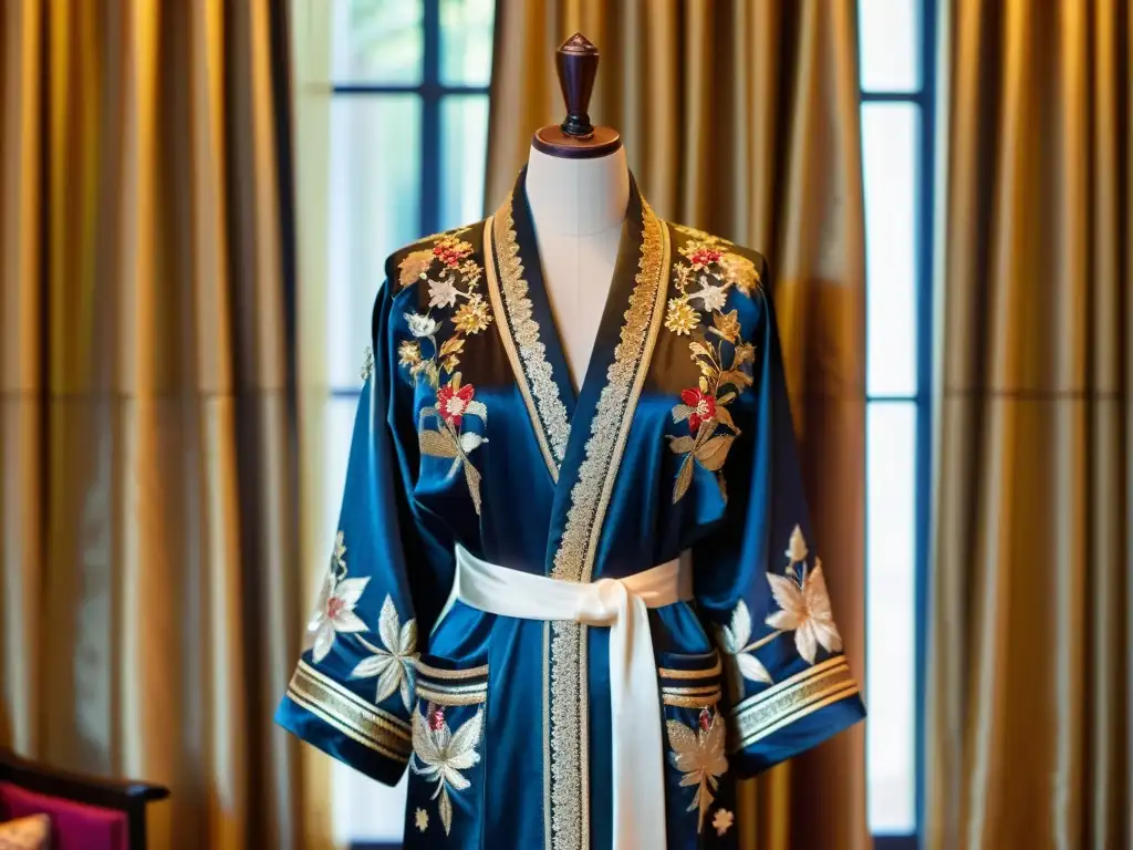 Robe de seda ornamentada con perlas y gemas, exhibida en maniquí dorado ante cortinas de seda regias