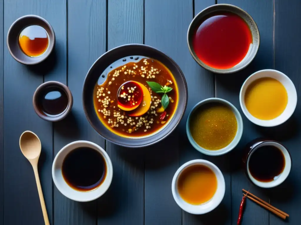 Una selección de salsas asiáticas umami picante en hermosas cerámicas sobre una mesa de madera oscura, iluminada por una cálida luz