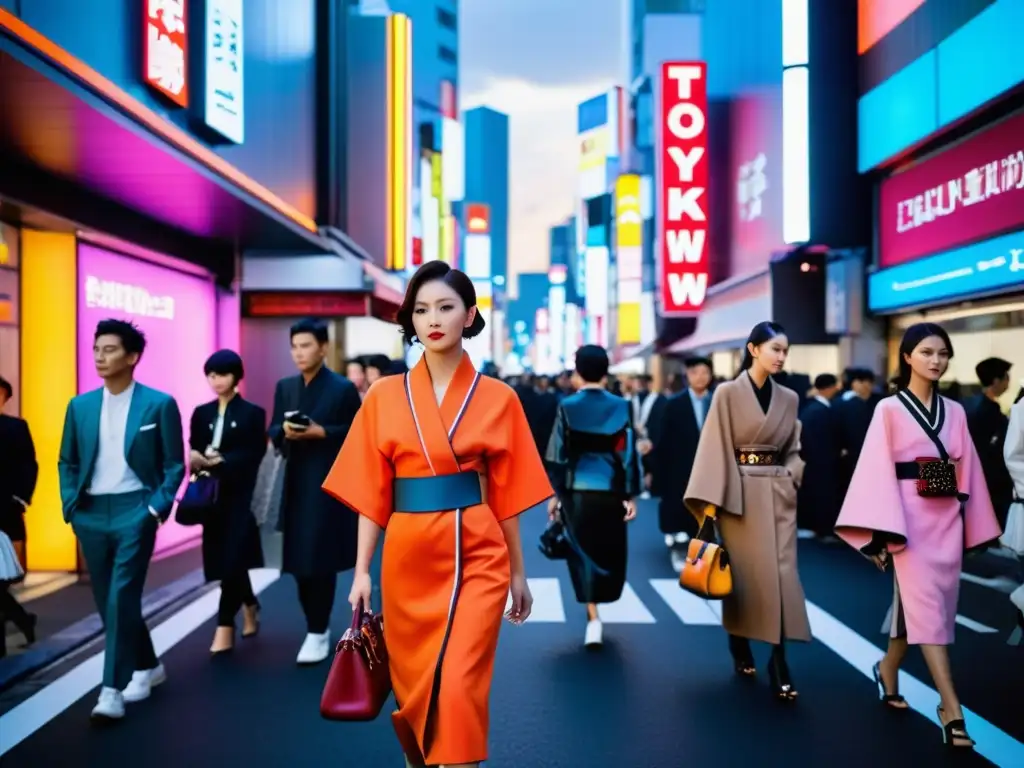 Semana de la moda asiática: Una animada calle de Tokio durante Fashion Week, fusionando moda tradicional e innovadora con energía y creatividad