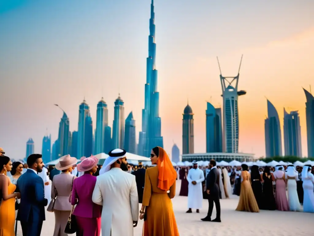 Semana de la Moda de Dubai: Multitud elegante en un evento glamuroso con rascacielos al fondo y un cielo anaranjado al atardecer